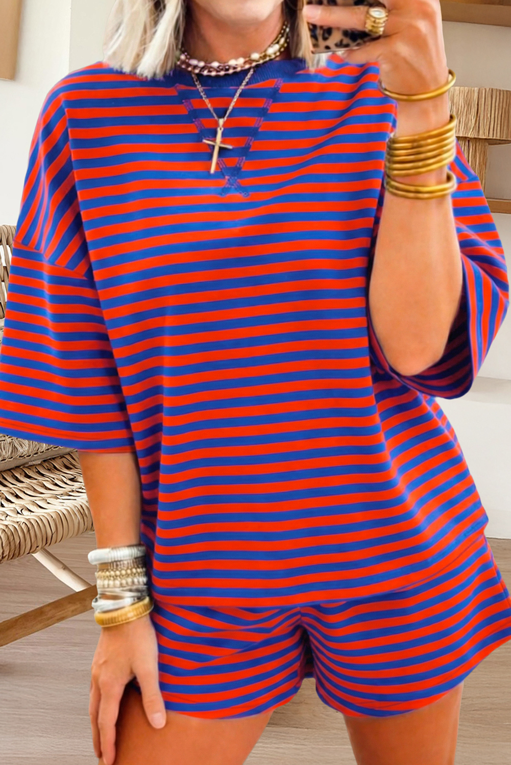 66Plus Striped Short Sleeve Top and Shorts Lounge Set (S-4X)