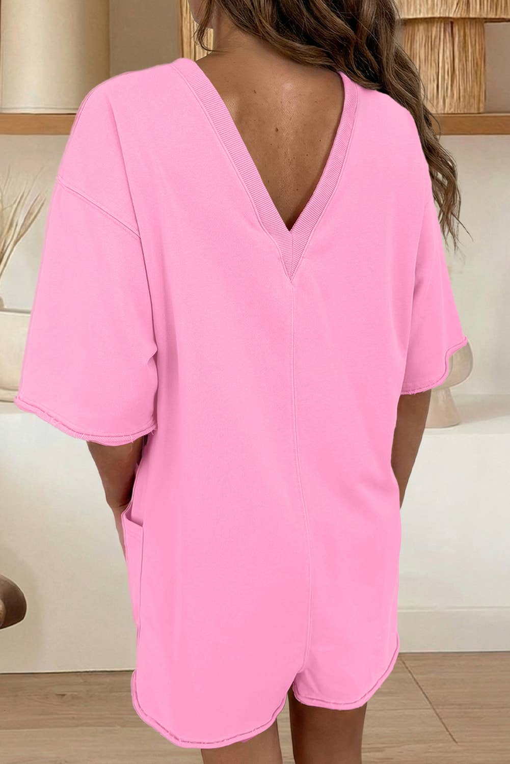 Raw Edge Half Sleeve Pocketed Loose Romper
