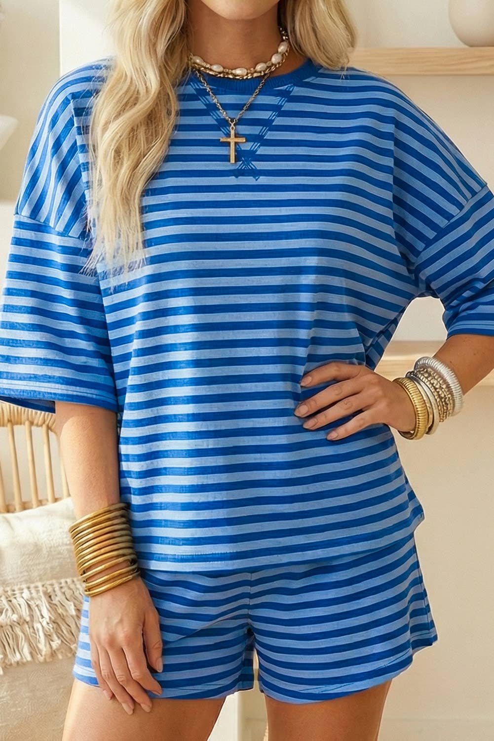 66Plus Striped Short Sleeve Top and Shorts Lounge Set (S-4X)