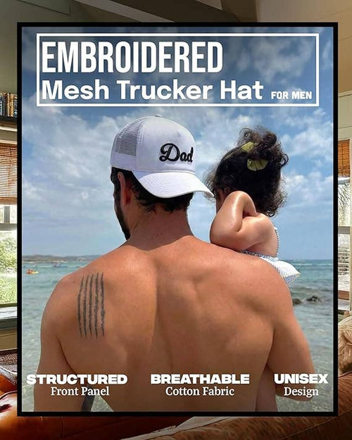 5 Panel  3D Embroidery Trucker Hat: Dad (White)