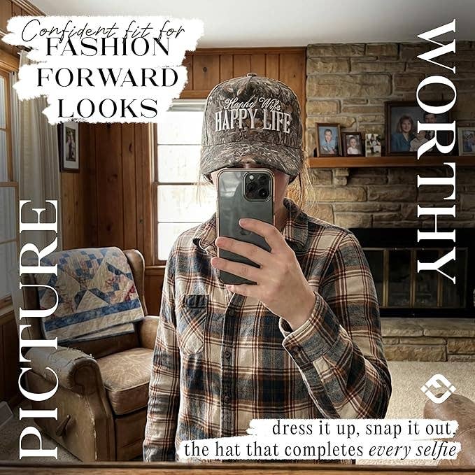 2 Tone Cap: Happy Wife Happy Life - Wood Camo