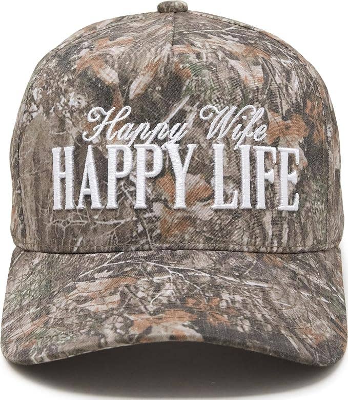 2 Tone Cap: Happy Wife Happy Life - Wood Camo